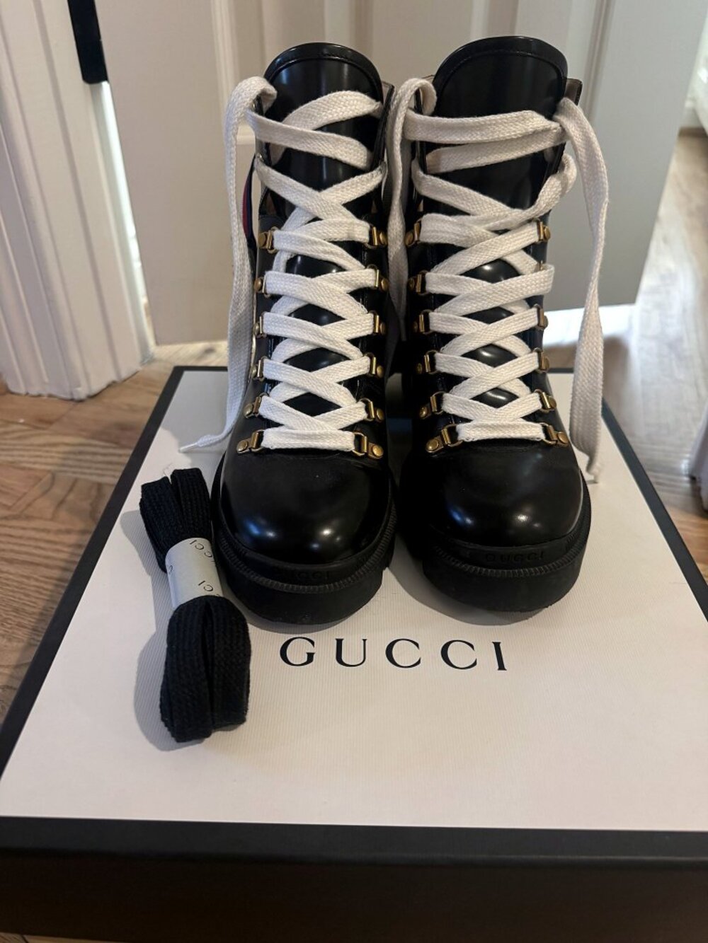 Gucci Sylvie Web Leather Lace-Up Combat Ankle Boots Black 39.5 w/ Box